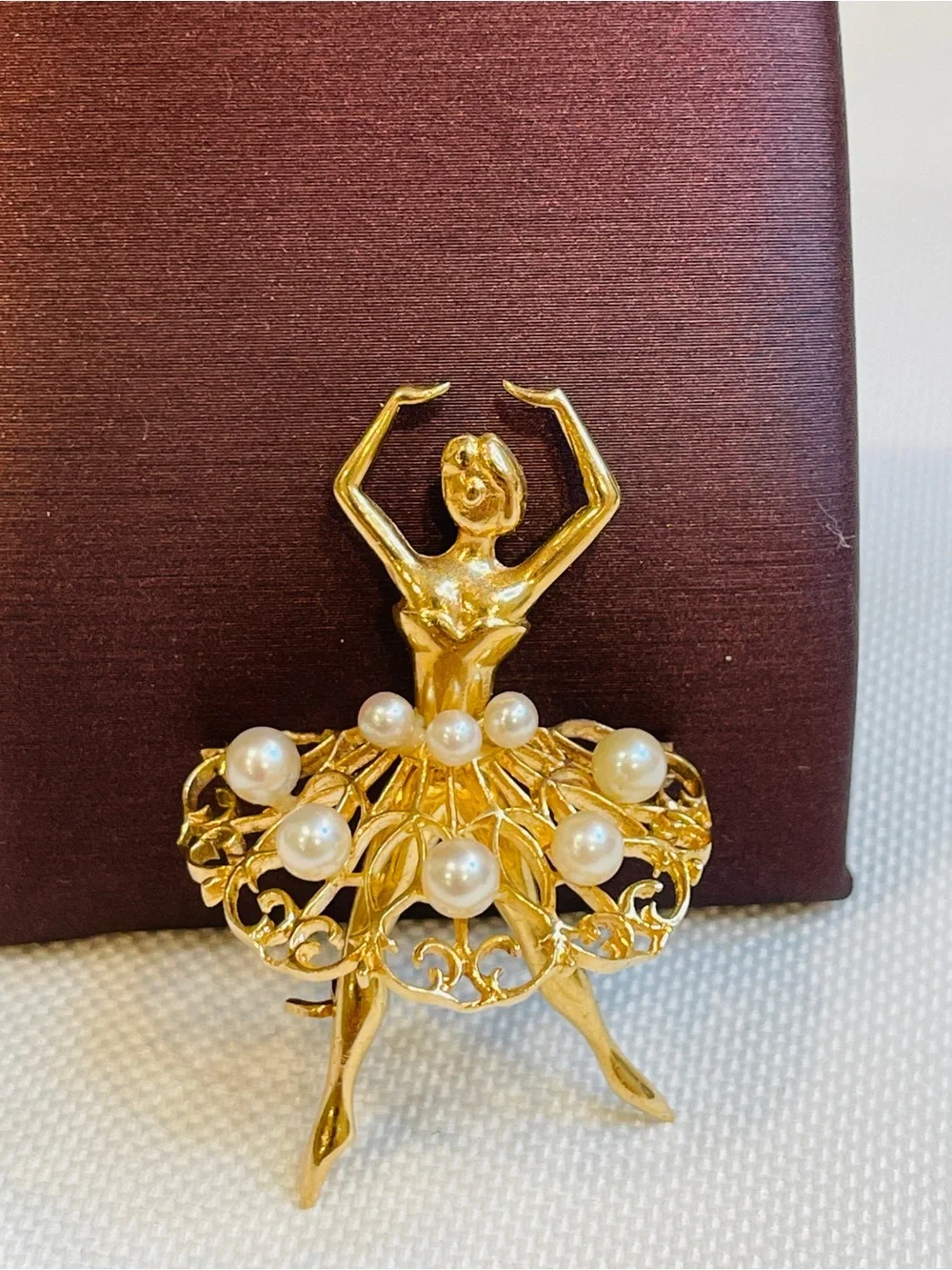 Vintage 14 Karat Yellow Gold and Cultured Pearl Ballerina Brooch Pin
